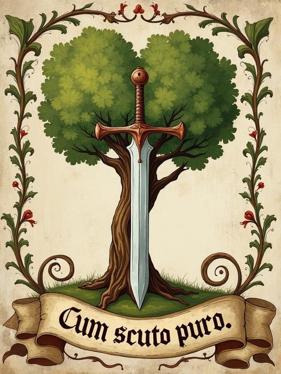 Personalized family crest with medieval mural style. Central strong linden tree with thick trunk and rounded canopy. Sparse heart-shaped leaves. Polished knightly sword stands vertically in front of tree. Elaborate scrollwork and floral decorations surround composition. Flowing banner with ‘Cum scuto puro.’ in medieval calligraphy. Aged wall art style with rough surface and muted colors.