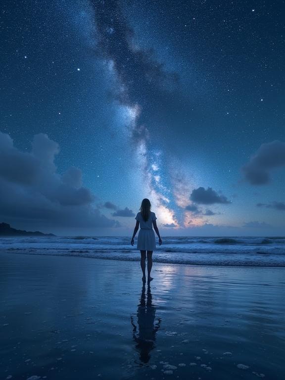 A woman stands on a beach facing the ocean at night. The sky is filled with vivid galaxies. Water reflects the stars creating a serene atmosphere. It is a digital matte painting with dramatic details.