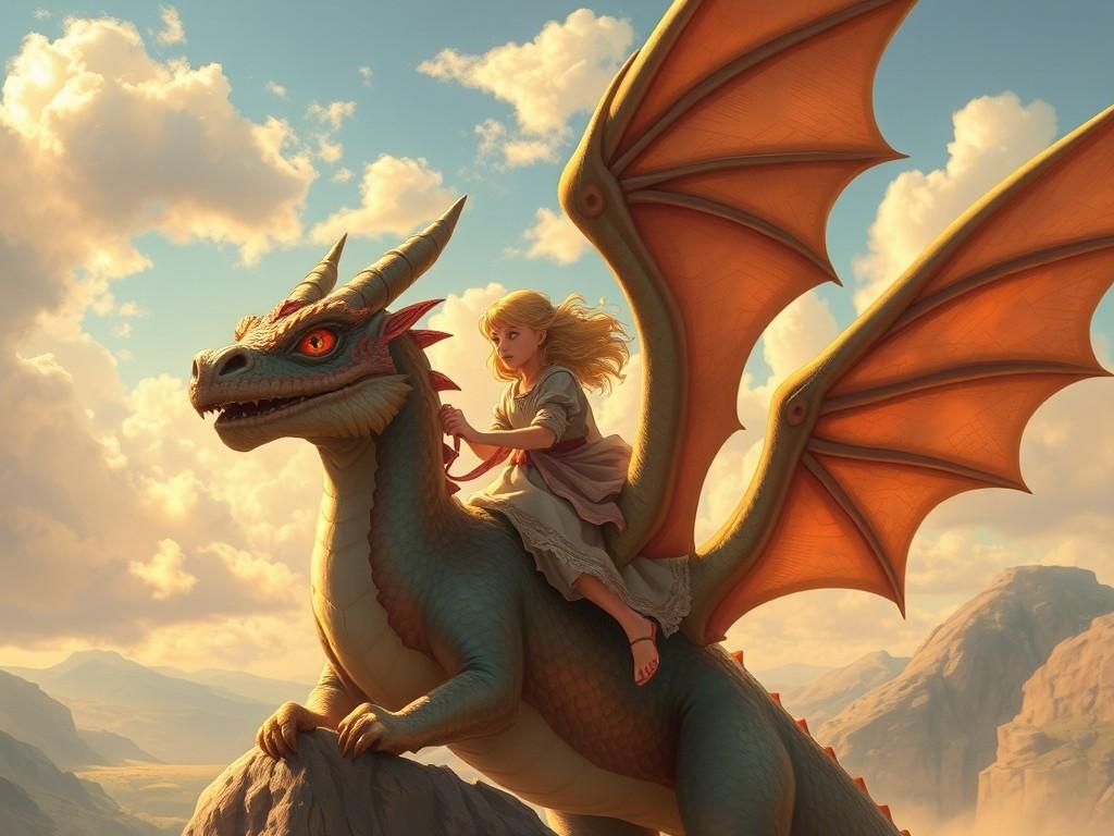 A young girl riding a majestic dragon against a backdrop of a vast sky and mountains.