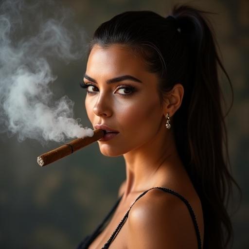 A woman smokes a Cuban cigar. She exhales smoke seductively. Her hair is tied in a ponytail. She looks at the camera. The atmosphere is glamorous and luxurious.
