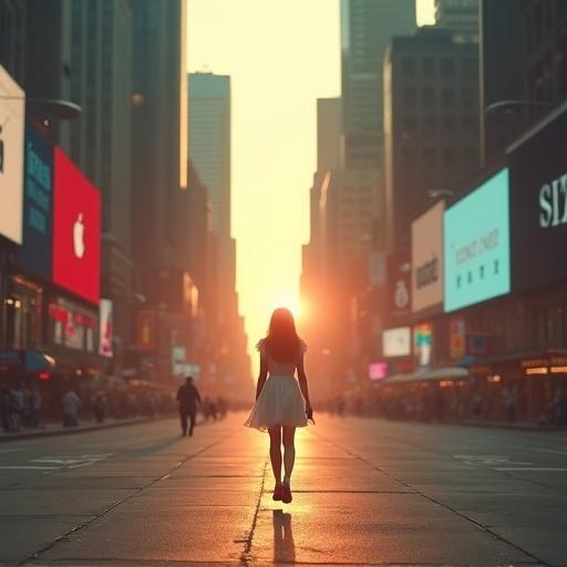Photo taken at Times Square showing a deserted city junction during sunset. A young woman in a white dress stands alone in the empty intersection. The sun sets between skyscrapers casting long shadows. Warm golden light enhances the scene with digital billboards in the background.