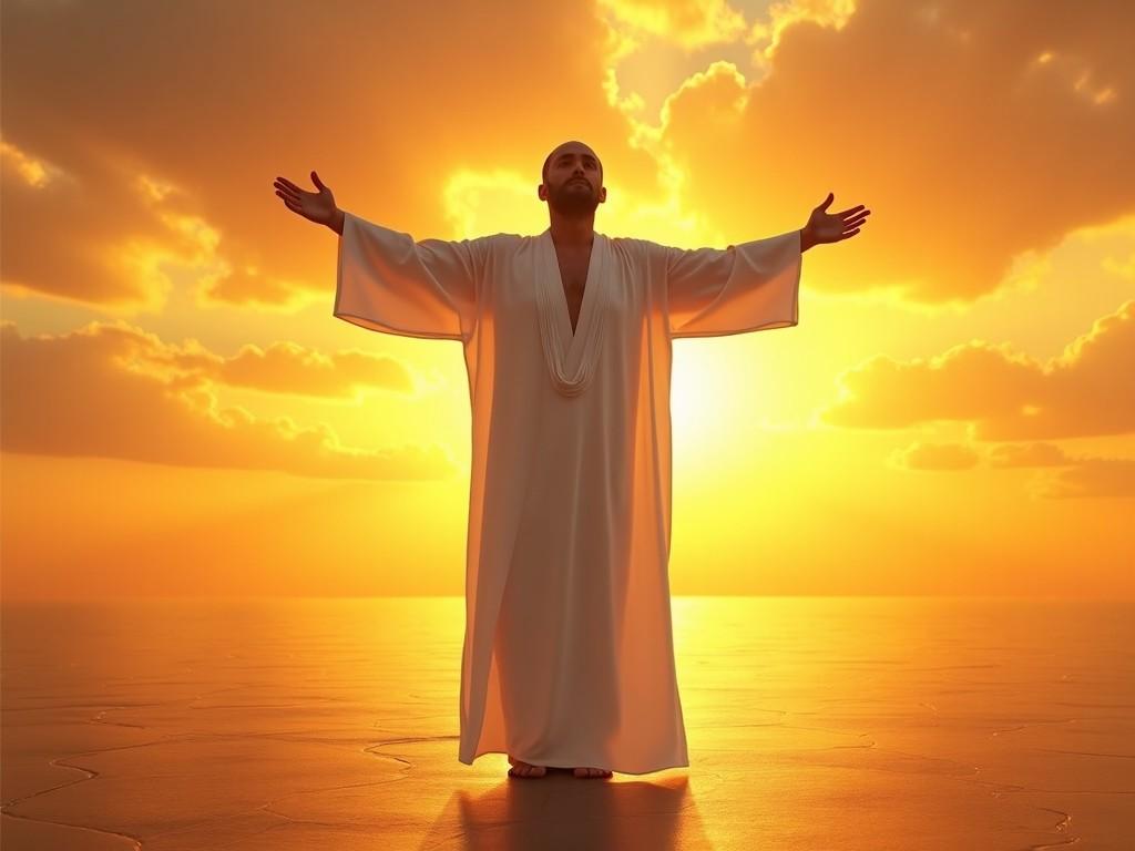 The image shows a man standing with arms outstretched against a vibrant sunset backdrop. He wears a long, flowing white robe, looking joyful and free. The colors in the sky are warm, with shades of yellow, orange, and red blending together. The ground appears to be reflective, adding to the ethereal atmosphere. The overall feeling conveyed is one of liberation and connection with nature.