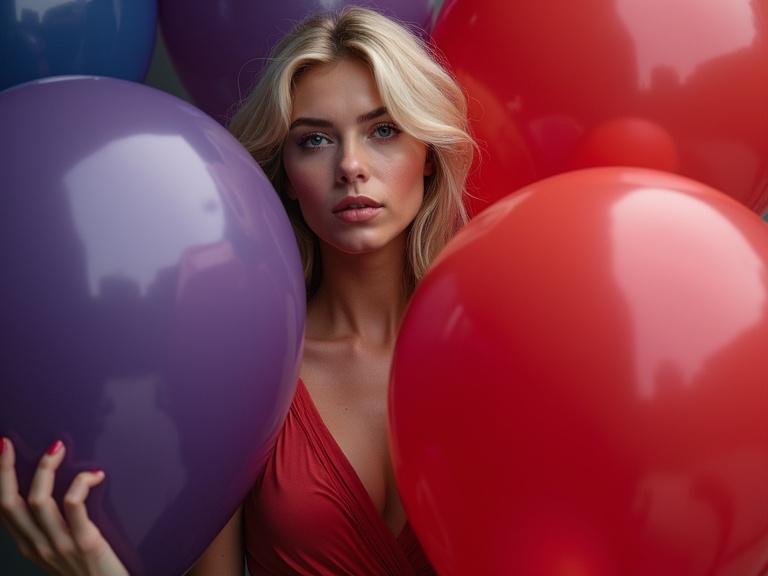 Model holds giant balloons. She is a beautiful Nordic blonde with smooth skin. Balloons are red, purple and dark blue. The composition is vibrant with realistic lighting.