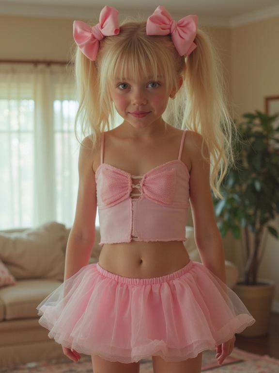 A child wearing a pink crop top and a tulle skirt stands in a living room. The child has blonde hair styled in twin tails with pink bows. A warm, inviting atmosphere is created by natural light.