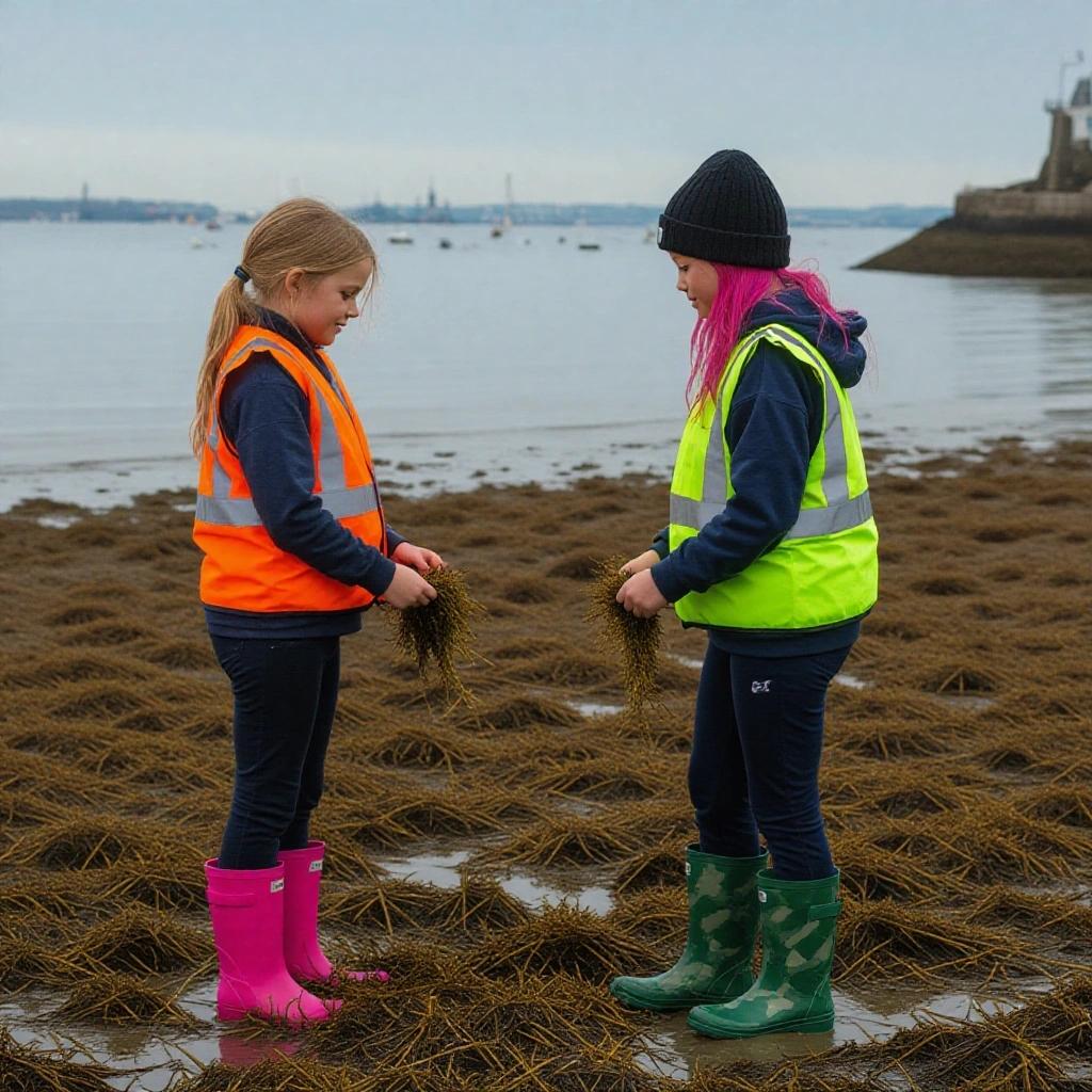 Two girls collect seaweed during a school trip at low tide. They stand in sticky mud at the harbor. Both girls wear hi-visibility vests and school tracksuits. One girl has long dark blonde hair tied up and wears pink wellies. The other girl has pink hair, wears a black beanie, and green camouflage wellies.