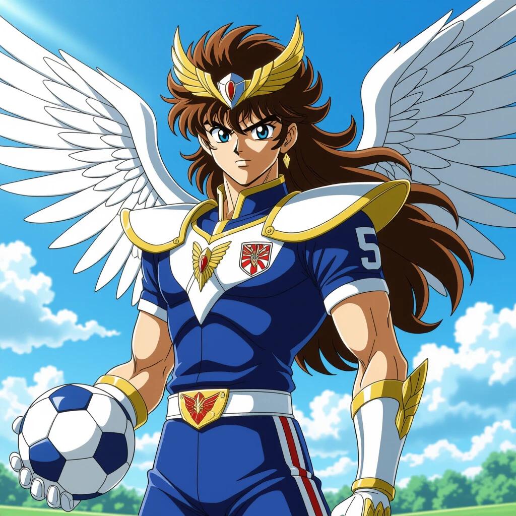 Character resembling a saint-like warrior in a blue and white soccer uniform. The character has long flowing hair and majestic wings. The scene is set outdoors with a bright blue sky and green grass in the background. The character holds a soccer ball. The artwork features high detail and vibrant colors.