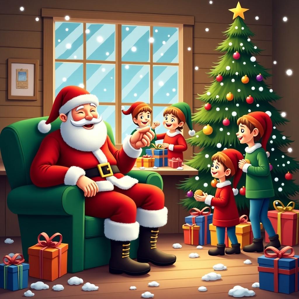 A warm and festive Christmas scene. Santa Claus sits in a green chair. Cheerful elves prepare gifts. The room features a decorated Christmas tree. Snow falls outside the window. Colorful presents are scattered around. 