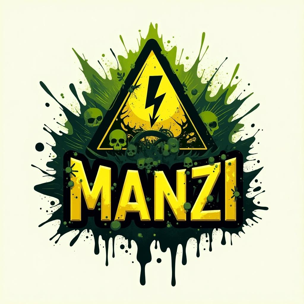 This image is a vibrant logo designed for a concept called 'MANZI', showcasing themes of toxicity. At the center sits a bold triangular hazard sign featuring a lightning bolt, surrounded by splashes of green and black ink. The word 'MANZI' is prominently displayed in striking yellow letters beneath the warning sign. The design creatively mixes elements of danger and awareness, utilizing skull icons to symbolize toxic materials. Overall, this logo is perfect for representing a brand tied to environmental issues or gaming with a dark theme.