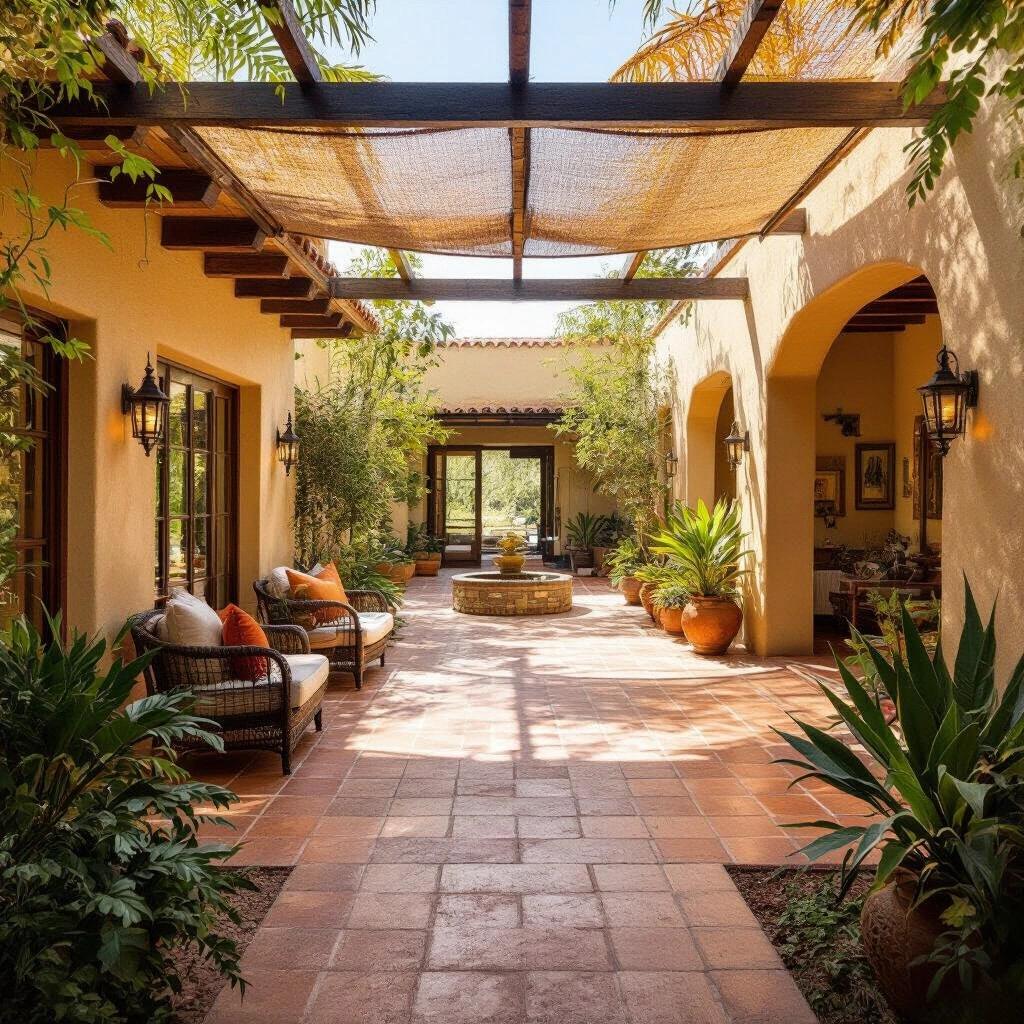 Sunny hacienda-style house patio has a circular layout. Stretched mesh shade covers the perimeter while center remains uncovered to let sunlight shine through. Flooring is terracotta tiles. Surrounded by stucco walls, plants and traditional Mexican details. Bright daylight and clear sky create a warm and inviting ambiance. Viewed from above or slightly angled.