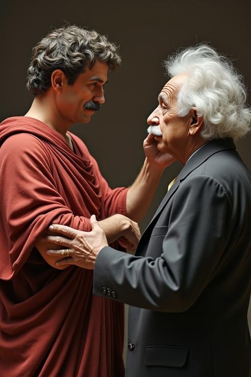 Two famous figures engage in a serious discussion. One figure is clothed in a burgundy toga while the other is in a formal suit. The setting is neutral with focus on their exchange.