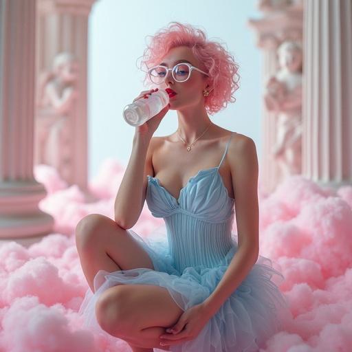 Photo realistic image of a 25 year old woman with curled pink hair in a studio setting. She drinks from a baby bottle wearing a futuristic dress and high heels. Surrounded by cotton clouds and Greek columns. Soft lighting enhances her look.