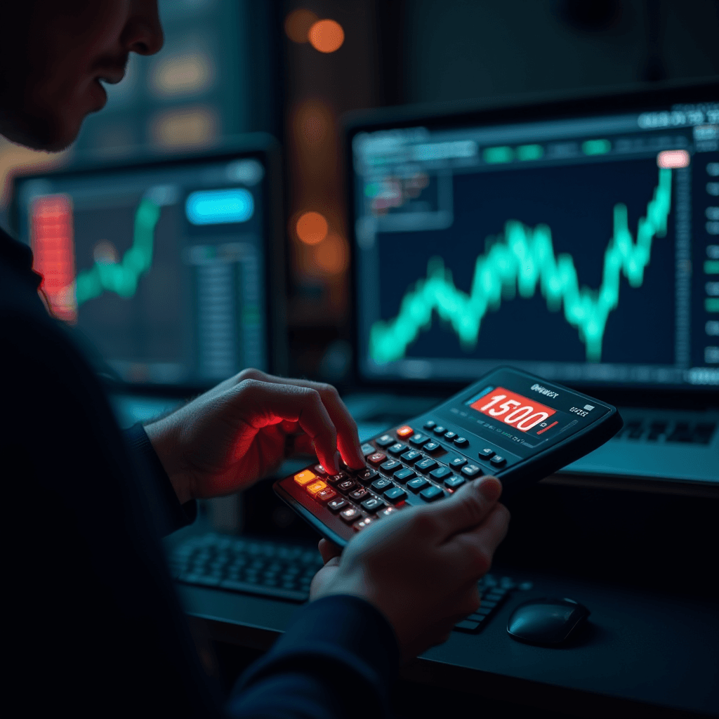 A person is using a calculator while analyzing stock market data on dual monitors displaying rising graphs.