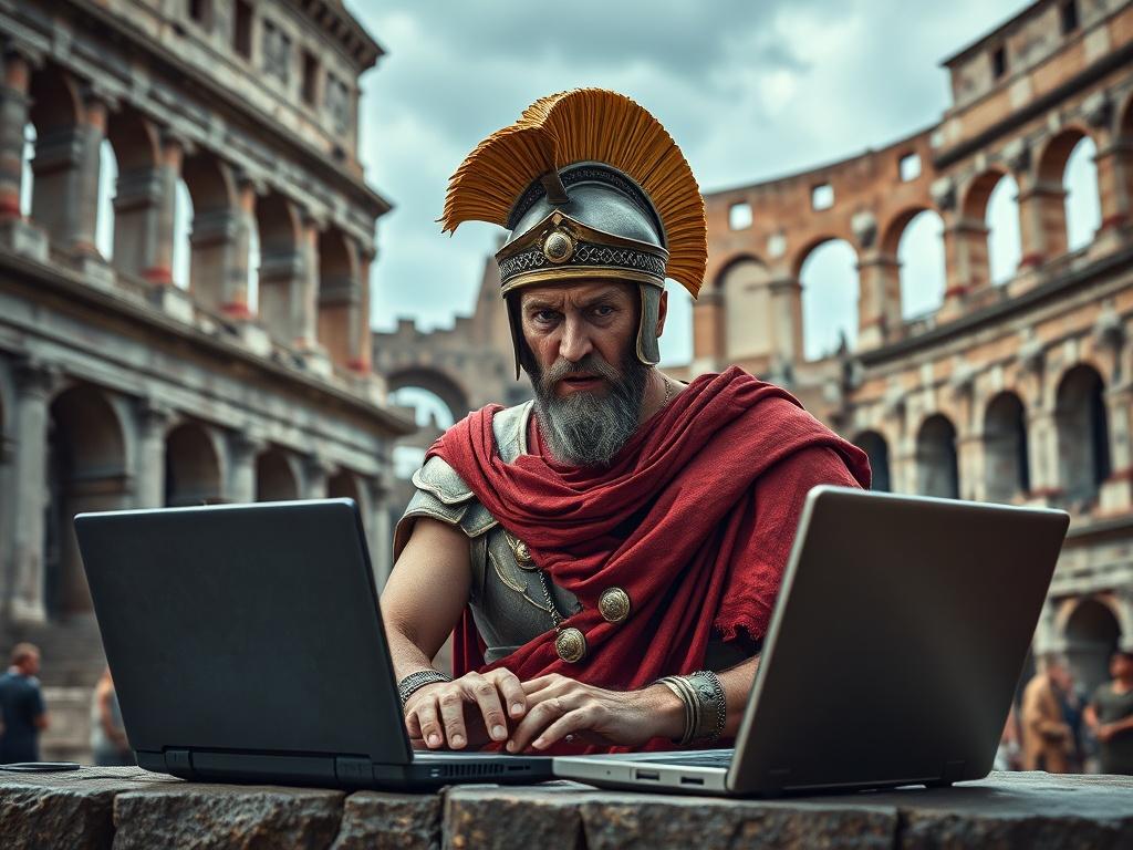 A Roman soldier typing on two laptops in an ancient amphitheater setting.