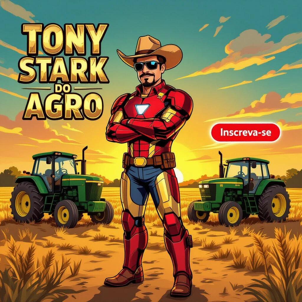 Digital illustration of a Brazilian farmer in Iron Man-style suit with rural modifications. Character stands confidently with arms crossed. Background features farm tractors on dry farmland under a golden hour sky. Text on the left reads 'Tony Stark do Agro'. A glowing red 'INSCREVA-SE' button on the right.