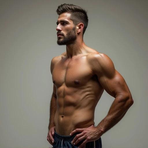 Athlete with a defined muscular body. He is shirtless. The background is neutral. Focus on the athletic form. Emphasis on muscles and fitness.