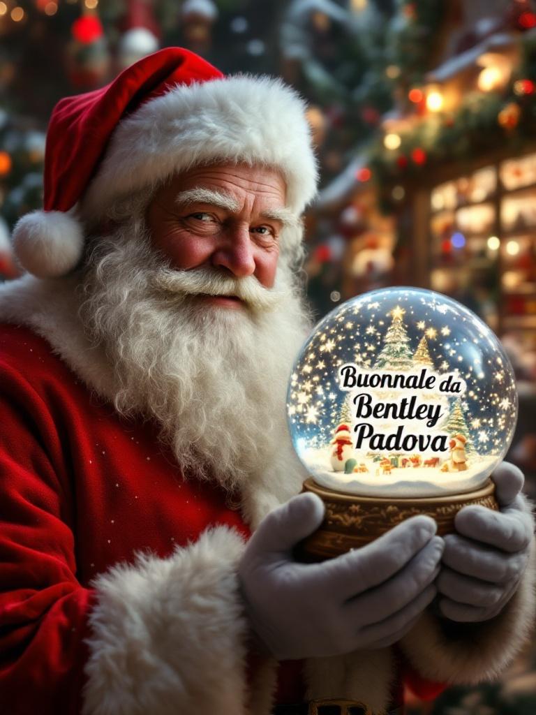 Christmas scene with Santa Claus in red suit holding snow globe. Snow globe says 'Buon Natale da Bentley Padova'. Background has toy shop decorations and lights.