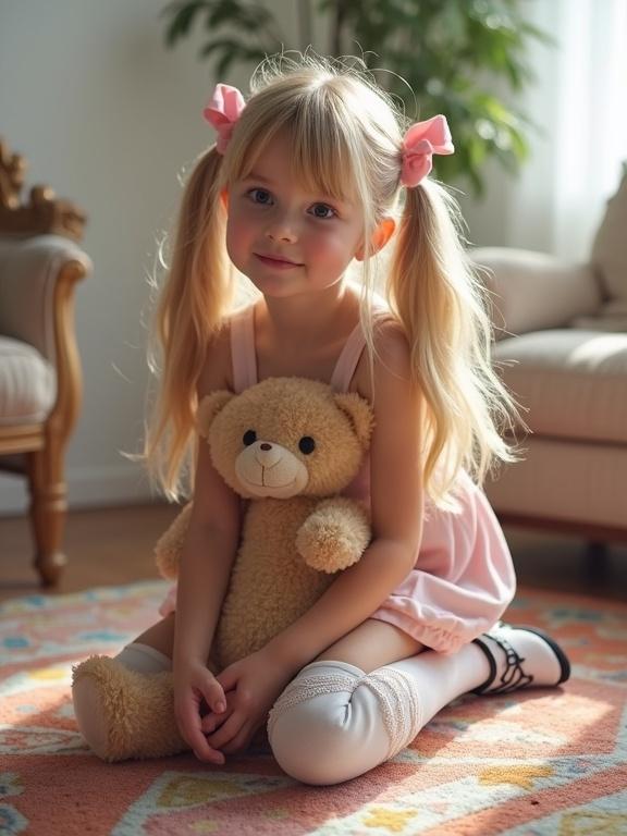 A teen with long blonde hair kneels on a colorful rug in a softly lit living room. She wears a crop top, a pale pink skirt, and thigh-high socks with lace. Holding a teddy bear, she looks up with a curious expression.