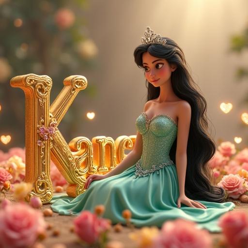 3D render style of Disney Pixar Princess seated gracefully by ornate golden letter Kanchana in whimsical setting. Princess wears shimmering seafoam-green gown and silver crystal tiara. Surrounded by pink and yellow roses and mini hearts against silver-gold gradient background with dreamy lighting.