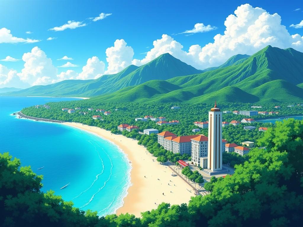 This image depicts a stunning tropical beach scene viewed from above. It features a sweeping coastline with crystal clear turquoise waters and soft sandy beaches. In the foreground, there is a tall building that serves as a resort or hotel, surrounded by lush greenery. The backdrop includes majestic mountains and a clear sky dotted with fluffy white clouds. This idyllic setting evokes feelings of tranquility and relaxation, making it a perfect getaway destination.