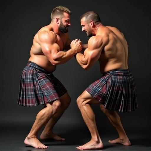 Two muscular bodybuilder men engage in wrestling. Both men wear kilts. They are barefoot and shirtless. The focus is on their muscular physiques and competitive poses.