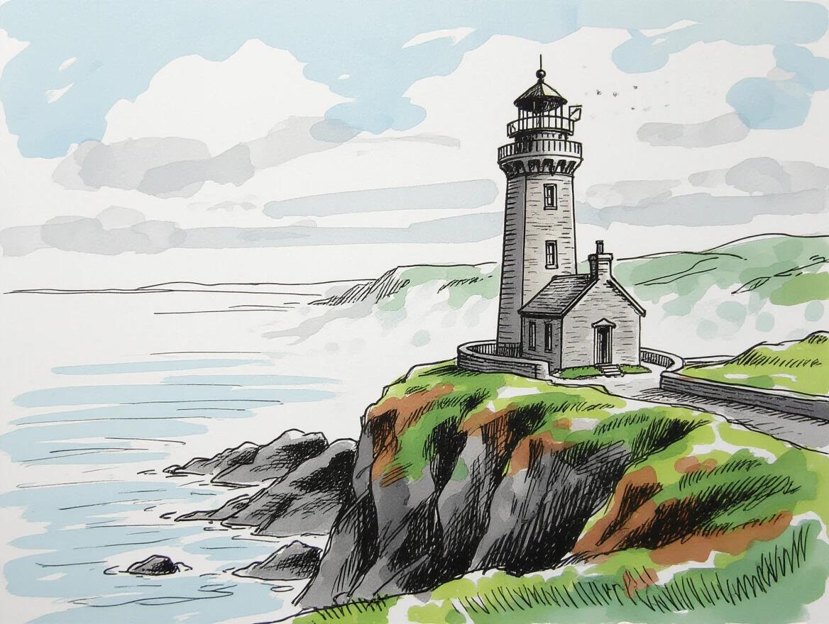 Detailed ink sketch of an old lighthouse on a cliff. Sea below with mist.