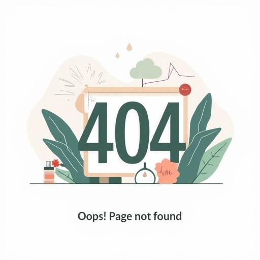 Modern professional 404 error page illustration. The numbers ‘404’ are large and clean. Composition includes abstract wellness and technology icons. Soft muted colors like teal and beige. Text ‘Oops! Page not found’ included in clean sans-serif font. Style is flat design with light shadows.