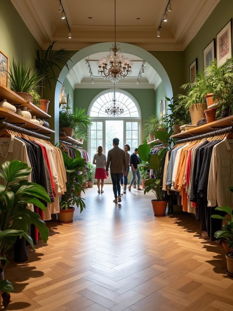 Store with light brown and green decor. Plants are featured throughout. Wooden herringbone floor adds warmth. People walk through organized clothing racks in a spacious setting.