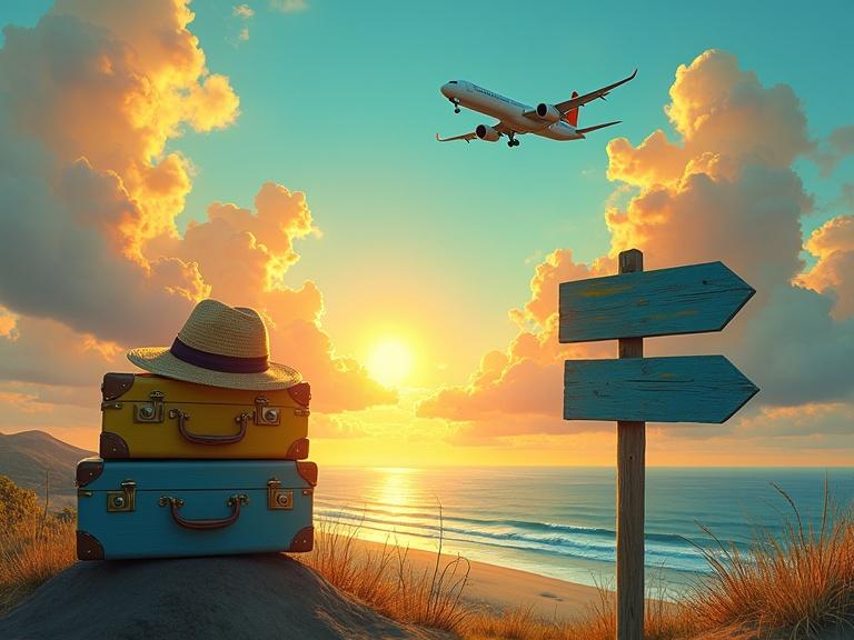 Digital painting depicts summer travel. Scene features vintage suitcases. Straw hat rests on top of the suitcases. Wooden direction sign points towards the ocean. Airplane flies through glowing clouds. Sunset casts warm golden and teal tones. Ocean shines under sunlight. No people present. Composition is cinematic with rich colors and high detail.