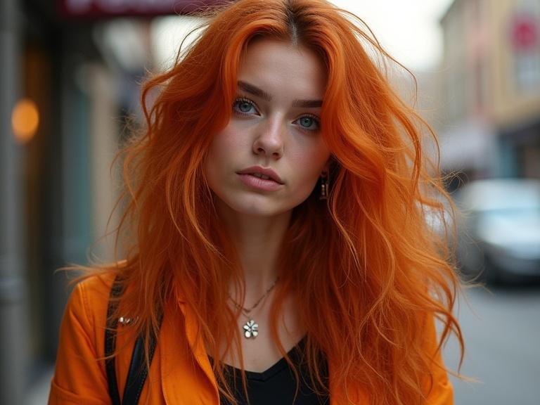 Woman with long orange hair wearing a stylish short open jacket in a street setting. Direct gaze with a soft expression.