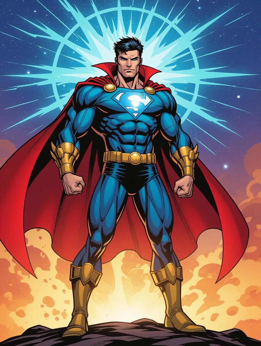 Comic book style illustration of a male superhero with cosmic powers. Character showcased in a heroic pose with a muscular physique. Bright colors and dramatic cosmic background enhance the overall effect.