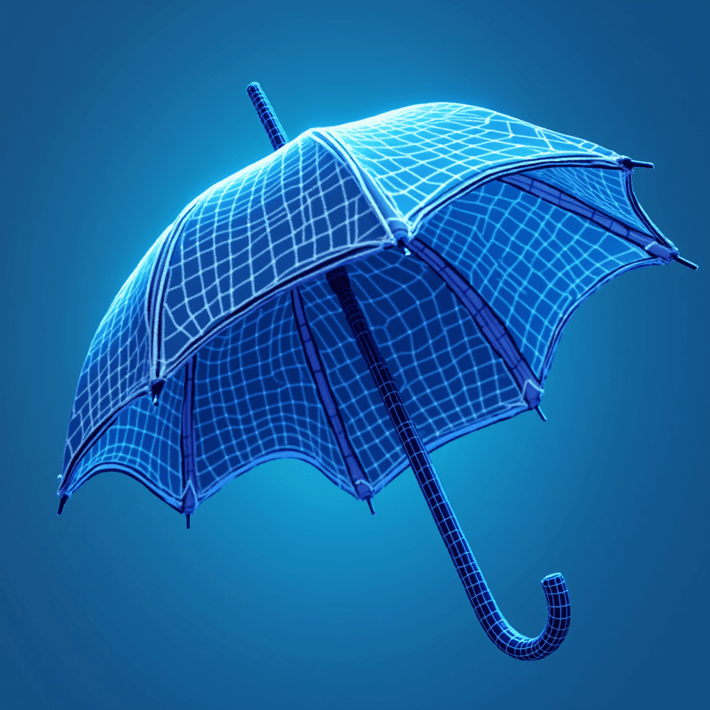 A glowing wireframe umbrella with a digital grid pattern set against a blue background.