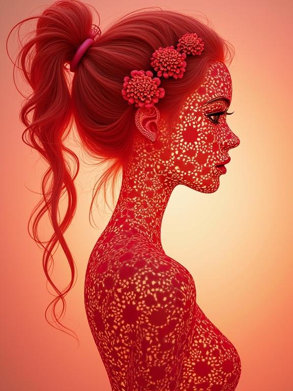 Detailed digital artwork of a lady silhouette adorned with red patterns. The design showcases zentangle and 3D Droste techniques. Presented in high resolution.