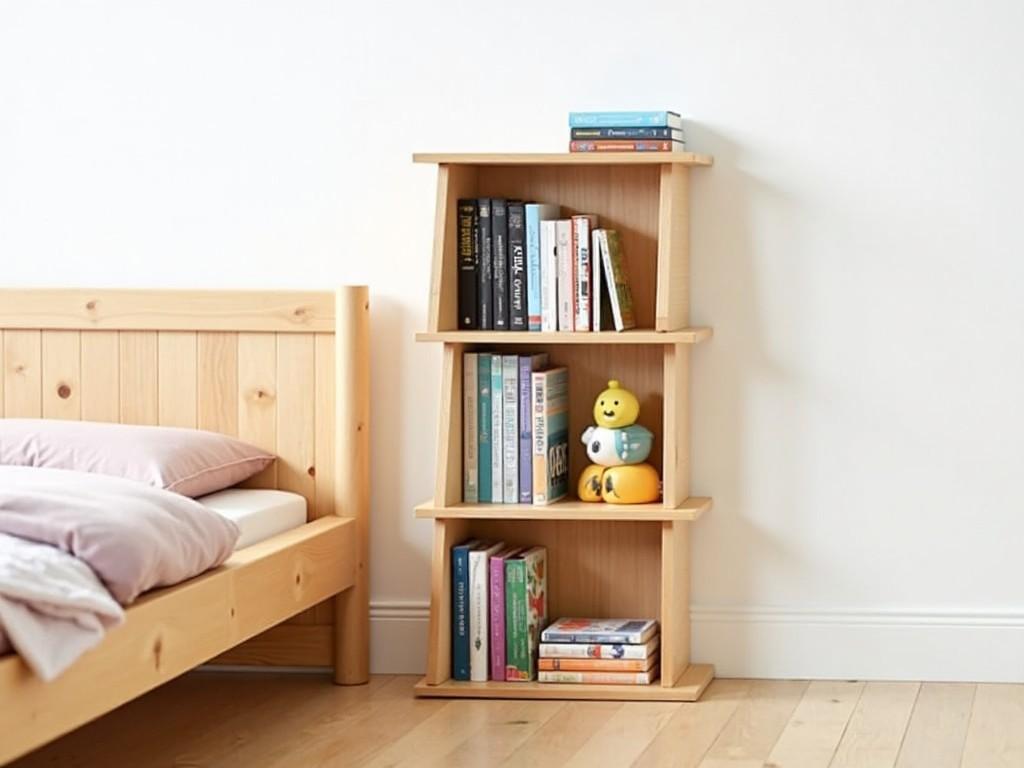 The image shows a small wooden bookshelf against a white wall. The bookshelf has a unique, asymmetrical design with three levels, each containing a variety of books. The books are of different sizes and colors, neatly arranged, with some stacked horizontally and others vertically. To the left of the bookshelf is a bed with a simple wooden headboard and a light pinkish bedspread. The floor is made of light-colored wood, which complements the natural tones of the bookshelf.