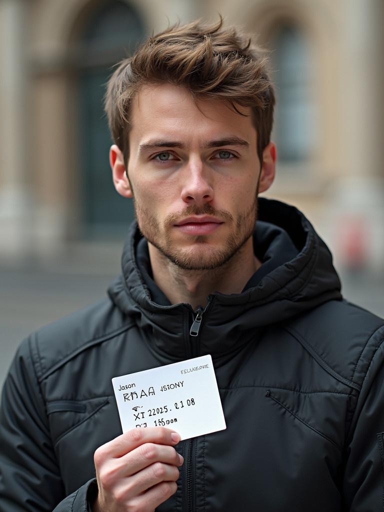 Photo shows a young man in a casual black jacket. He holds a piece of paper in his right hand with handwritten text. In his left hand is an ID showing his name and photo from Germany.