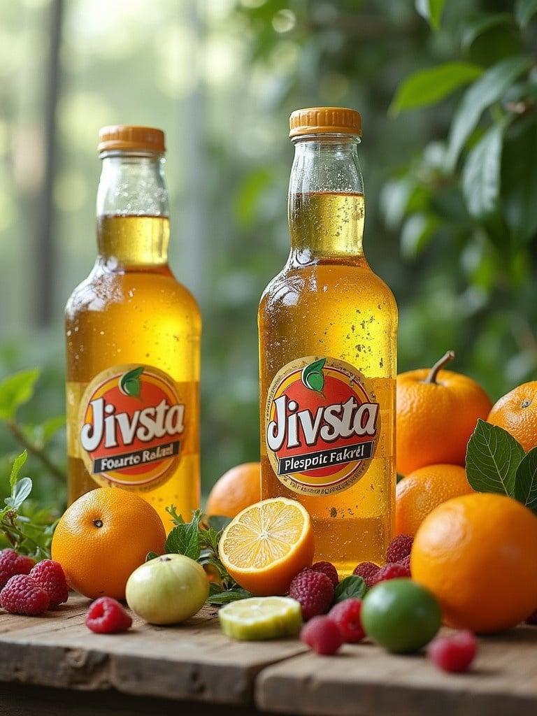 Two bottles of Jivsta beverages. Fresh oranges and various fruits around. Natural setting with sunlight. Wooden surface as the base.