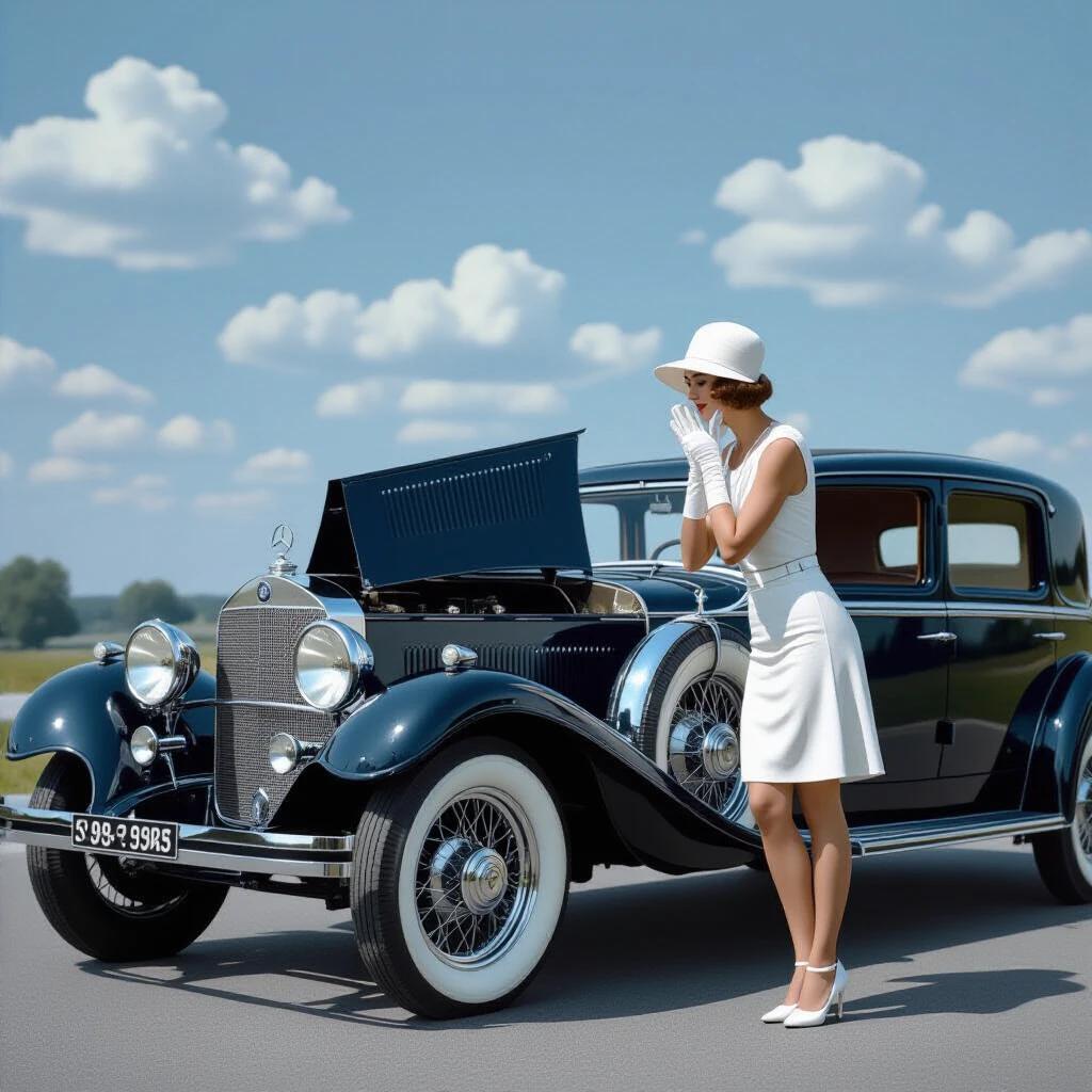 A vintage Mercedes-Benz 18/100 PS Sportwagen parked on a roadside. An Art Deco woman in a white cloche hat stands beside the car. Her left palm is on her cheek while the right palm rests on the left side fender. Both palms pressed to cheeks showing a comedic expression. The hood is fully opened revealing the straight-six engine shrouded in steam. The background features a misty mountain pass under a clear blue sky.