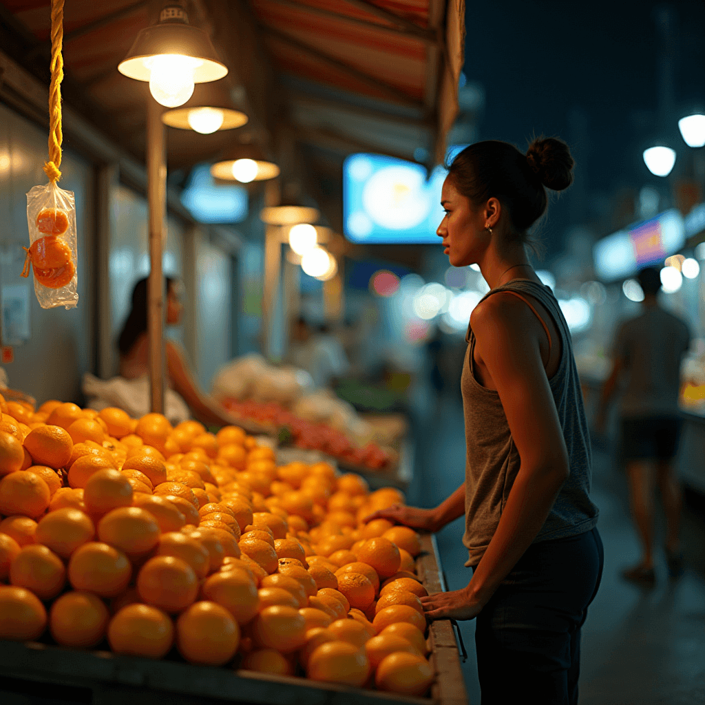 A woman in a tank top examines oranges under warm overhead lighting at a bustling night market.