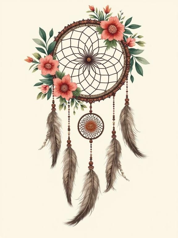 Artistic illustration of a bohemian dreamcatcher featuring floral motifs feathers and beadwork. Design embodies boho chic style with nature-inspired elements. Soft pastel earthy color palette creates a tranquil atmosphere. Dreamcatcher against serene background allows elegance to shine. Composition follows rule of thirds enhancing visual harmony balance with depth and texture adding ethereal quality.
