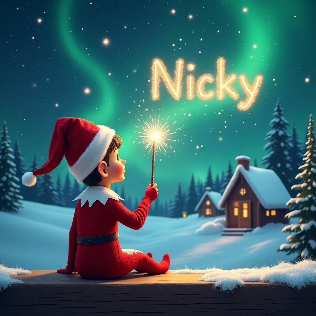 An elf sits on a wooden ledge with its back to the camera, gazing at a magical sky. Dressed in a red outfit with a pointed hat, the elf holds a sparkling wand. With the wand, the elf elegantly writes 'Nicky' in the starry sky. The background features a snowy landscape with charming houses and evergreen trees. The shimmering Northern Lights create a whimsical atmosphere, capturing the essence of childhood magic and Christmas cheer.