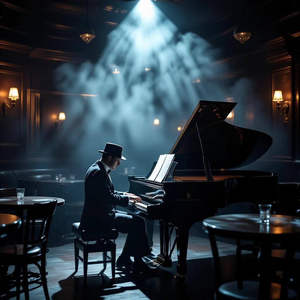 A pianist plays a slow tune in a 1920s speakeasy after closing time. Empty tables surround him with an atmosphere of ghostly echoes. A spotlight shines on the pianist while dust floats in the air.