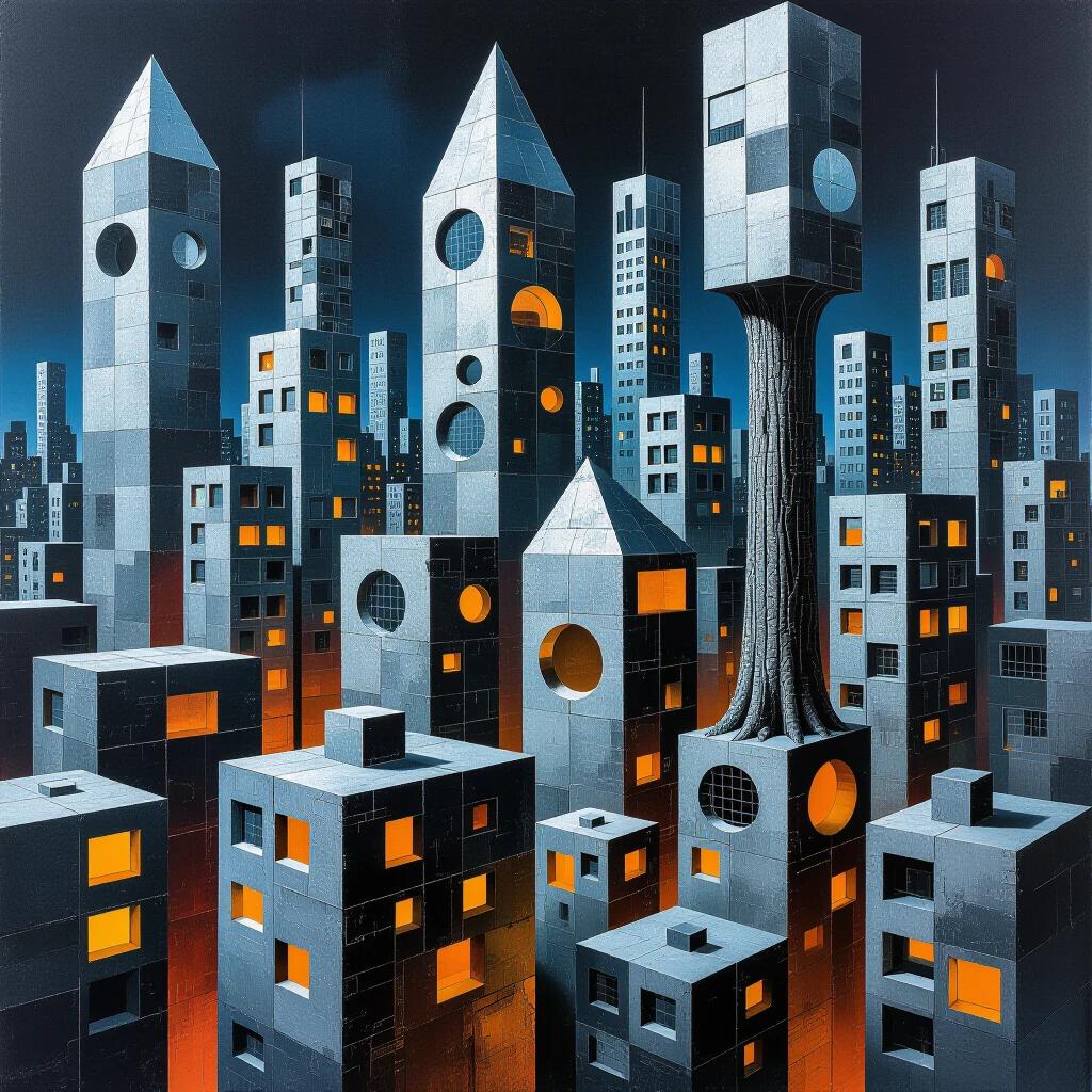Dystopian cyberpunk cityscape features brutalist buildings made of grey cardboard wood boards and thermocol. Displays expressionist geometric shapes like triangles circles and rectangles. Includes silver windows and glass panels. Set at night with bright orange glows from windows. A surreal look with tree trunks integrated into the structures.