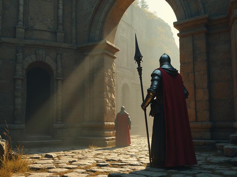 Digital art depicting a medieval knight in intricate steel armor standing before a temple entrance. The scene features dramatic lighting and a wide landscape shot.
