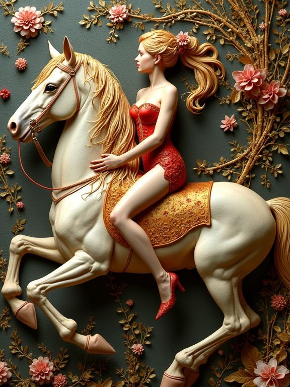 A 3D multi-layered artwork, featuring a woman in a red dress riding a horse, surrounded by floral details, combining encaustic and mixed media styles, whimsical and intricate, reminiscent of Gustav Klimt.