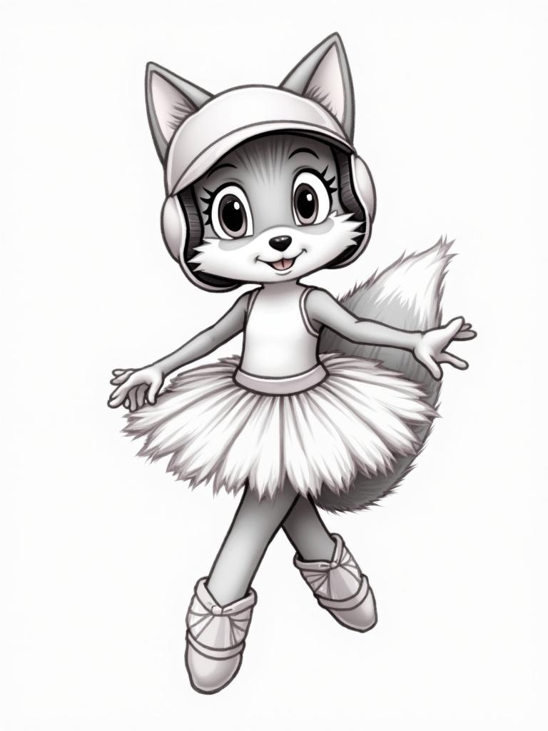 Draw a cute character resembling Tails from a plush fantasy world wearing a baseball helmet and a fluffy ballet tutu. The character is posed cheerfully without a background.