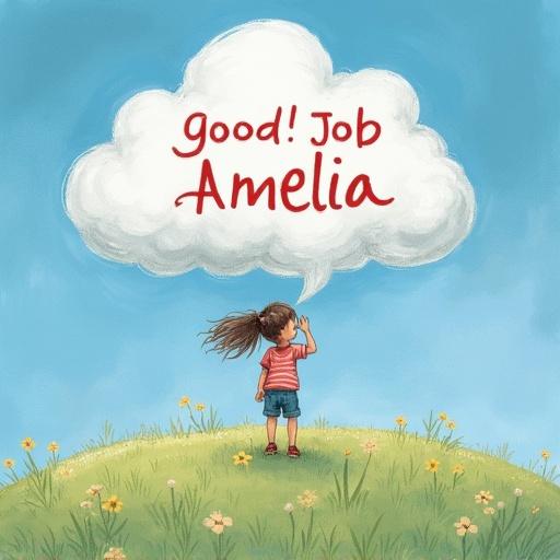 A cloud with the words 'good job Amelia' written on it. A little girl is standing on a grassy hill, looking up at the cloud. The girl has long hair and appears joyful. The scene is bright and cheerful with flowers on the hill.