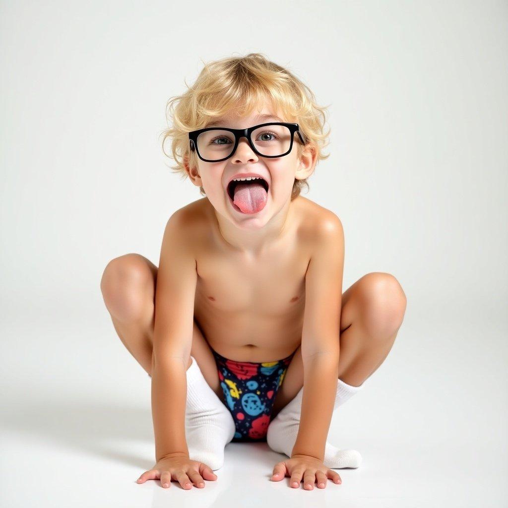 A child in colorful underwear kneels on a surface. The child has light skin and blond hair. The child is wearing white socks. The child is playfully sticking out their tongue. The background is neutral and bright.