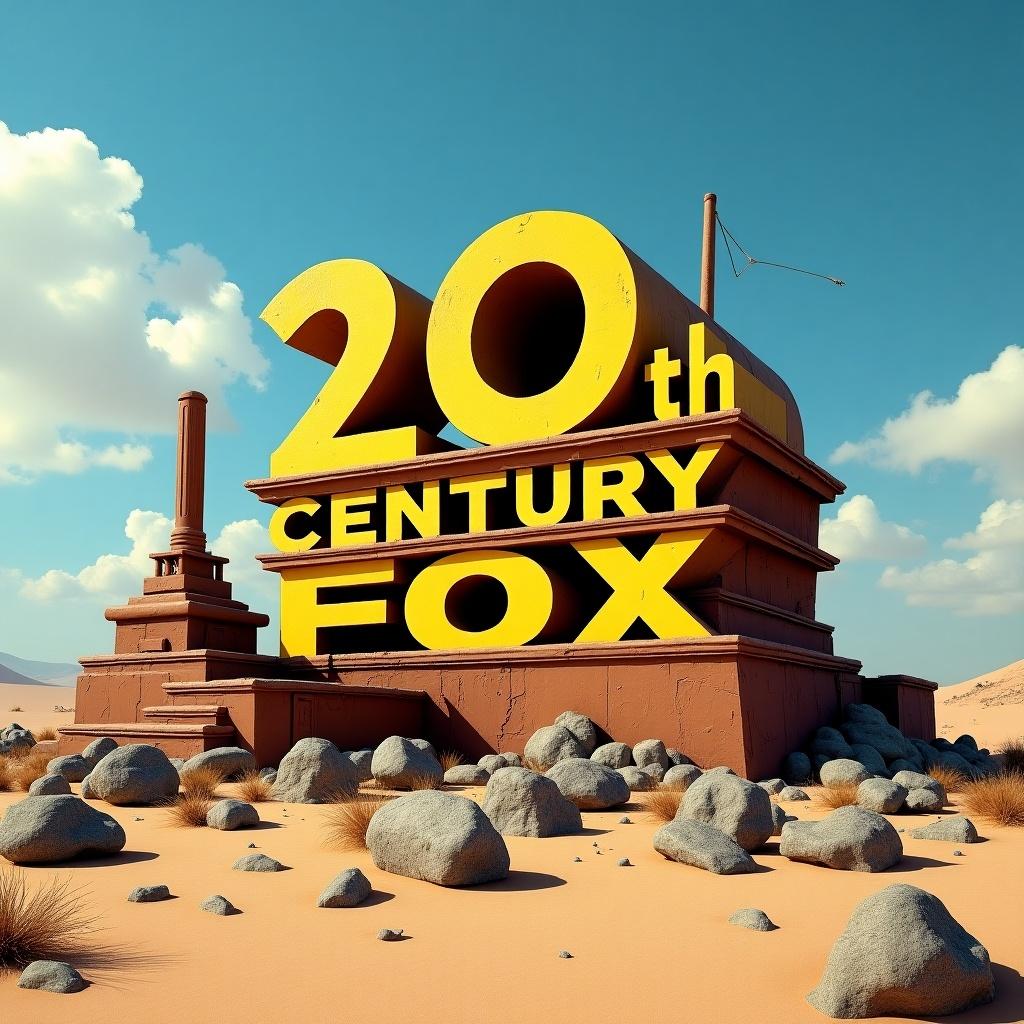 Destroyed logo of 20th Century Fox in a vast desert. Weathered structure amidst rocks and fine sand. Bright yellow letters stark against blue sky and fluffy white clouds.