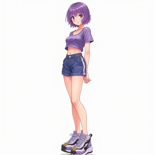 Watercolor painting of a young woman with short violet hair, slim muscular body, wearing short top, anime style shorts, high platform sneakers, standing with legs crossed and arms behind back, leaning into camera, in style of Yuumei.