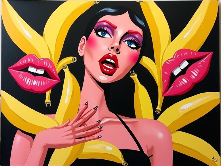 Geometric abstraction featuring colorful lips and bananas. Art titled Hot Labbra & Bananas. Modern and vibrant style. Engaging composition with bold elements. Flamboyant colors illustrate the subject matter. Visual appeal through abstract representation.