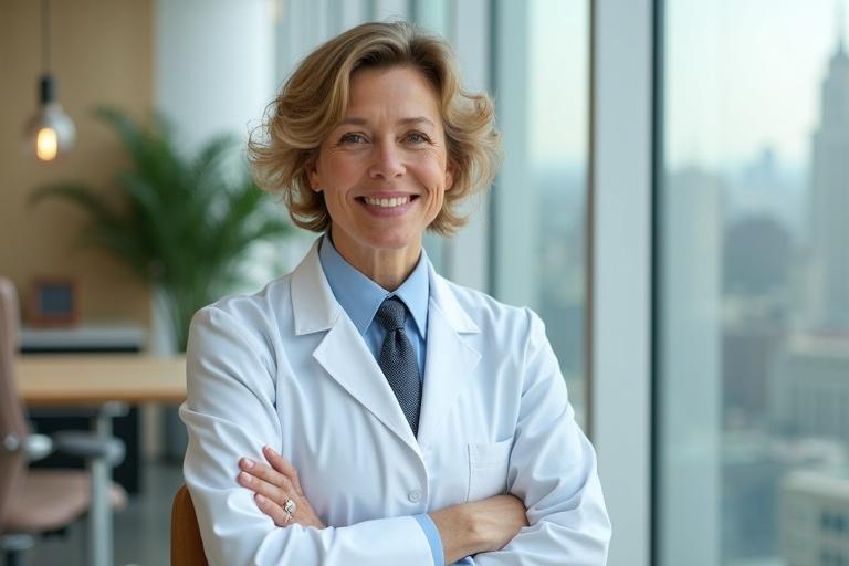 A sophisticated woman in a white medical coat stands confidently. She displays a friendly demeanor. A male doctor stands beside her in a stylish tie. Both are in a modern consultation room. The room has a panoramic view of Manhattan. The decor is elegant with warm lighting and a minimalist style.